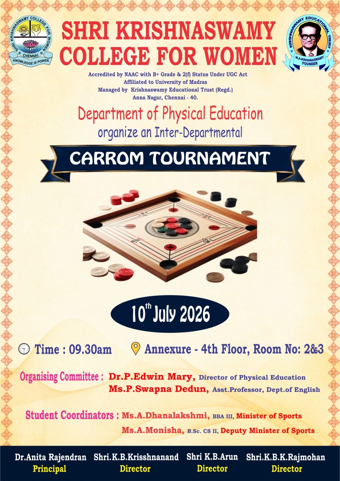 Carrom Tournament by Department of Physical Education on 10.7.26